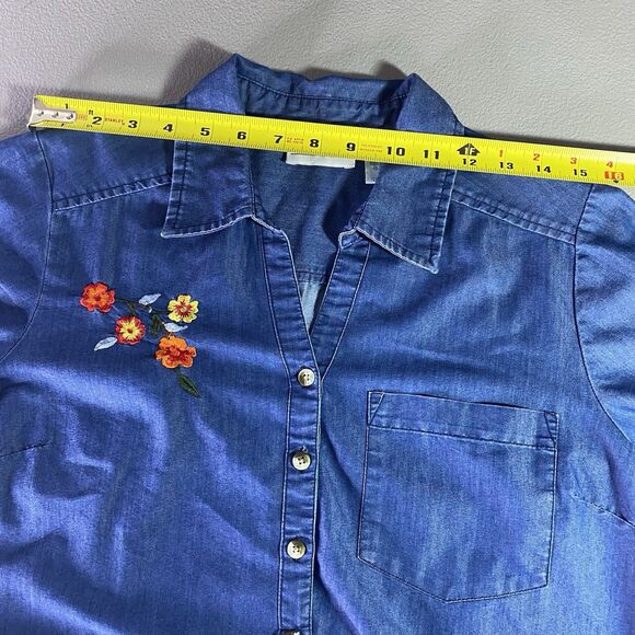 COMPANY ONE Shirt Embroidered V-Neck Long Sleeve Roll Tab Denim Womens S Blue - Picture 4 of 10